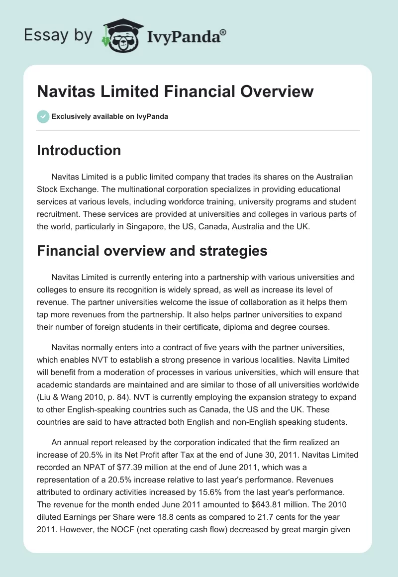 Navitas Limited Financial Overview. Page 1