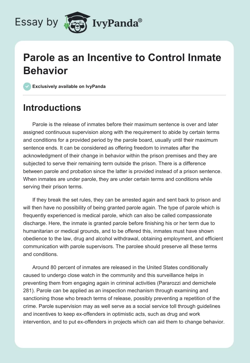 Parole as an Incentive to Control Inmate Behavior. Page 1