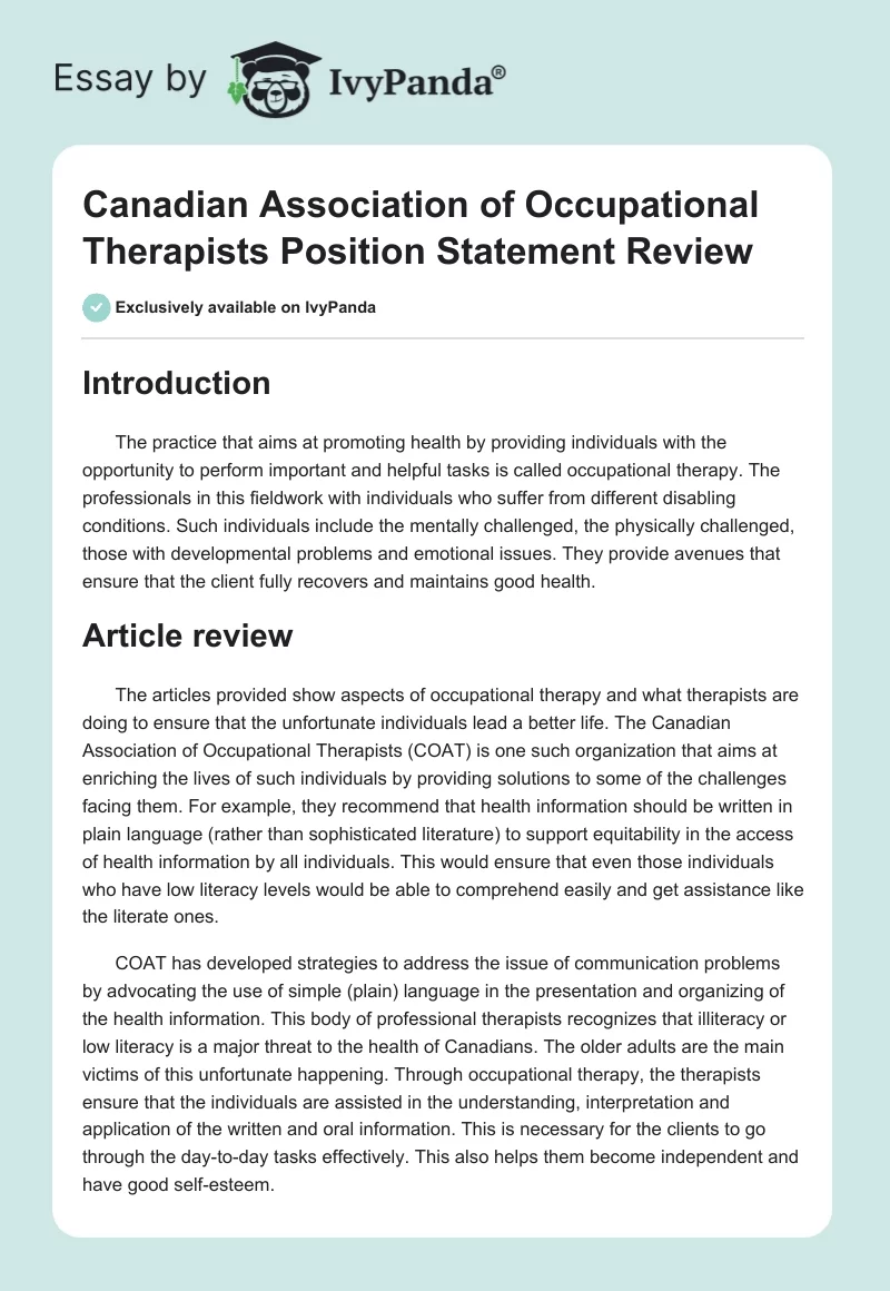 Canadian Association of Occupational Therapists Position Statement Review. Page 1