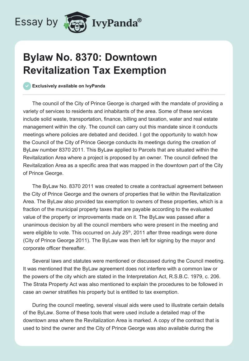 Bylaw No. 8370: Downtown Revitalization Tax Exemption. Page 1