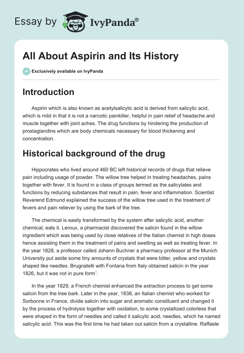 All About Aspirin and Its History. Page 1
