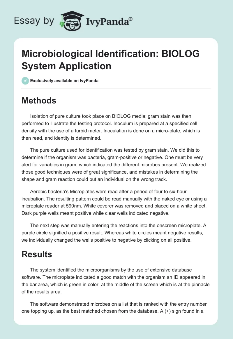 Microbiological Identification: BIOLOG System Application. Page 1