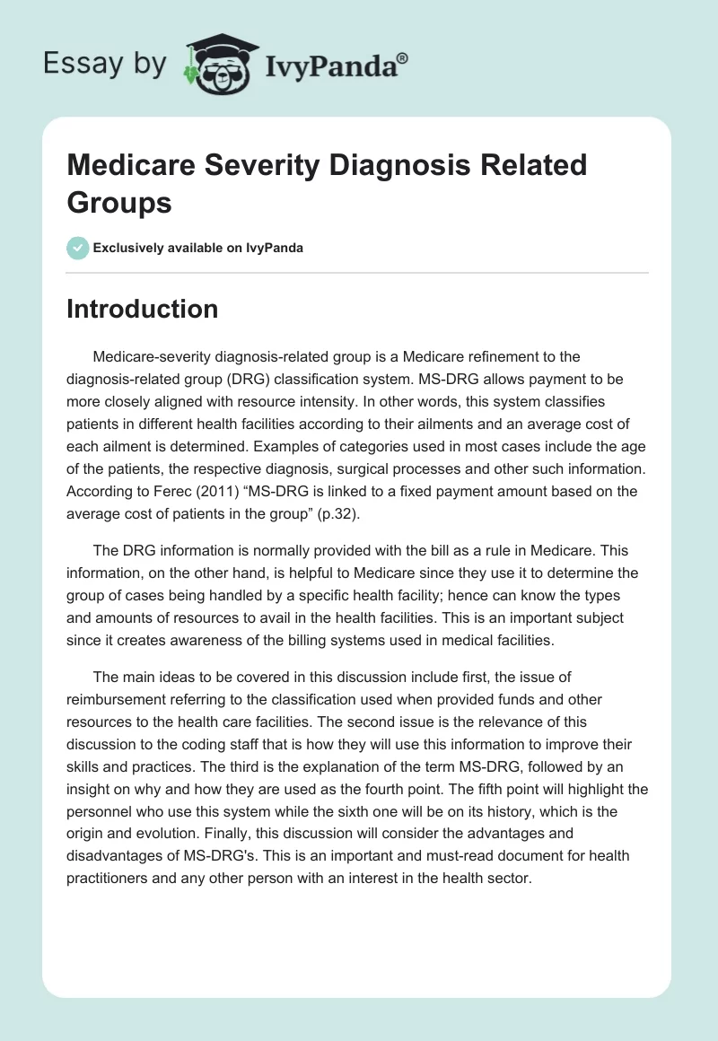 Medicare Severity Diagnosis Related Groups. Page 1