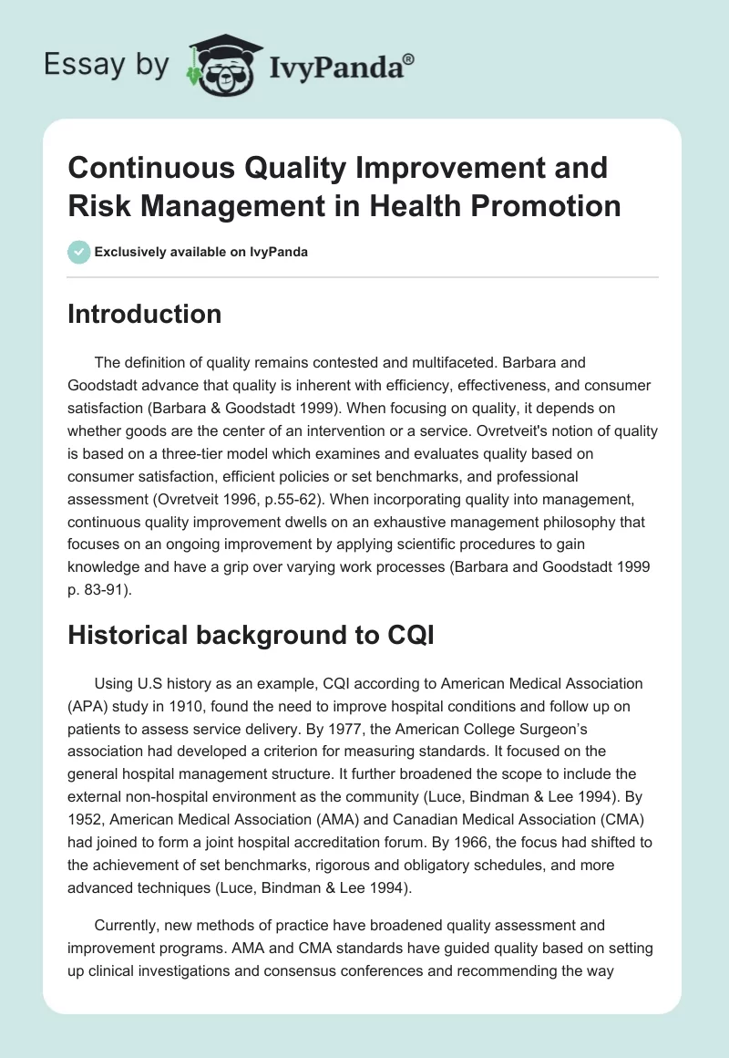 Continuous Quality Improvement and Risk Management in Health Promotion. Page 1