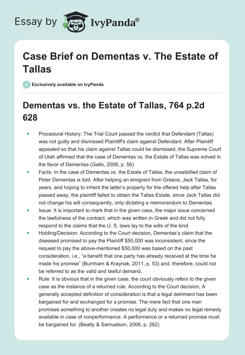Case Brief on Dementas v. The Estate of Tallas. Page 1