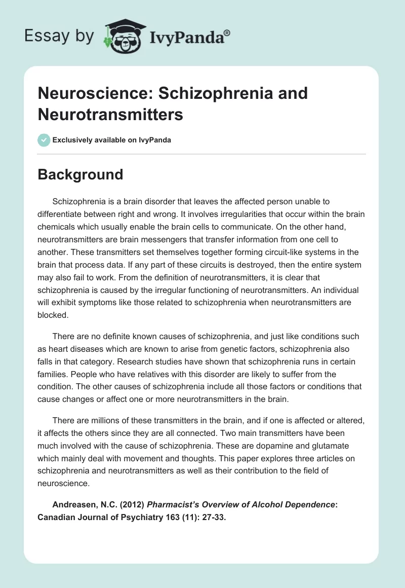 Neuroscience: Schizophrenia and Neurotransmitters. Page 1