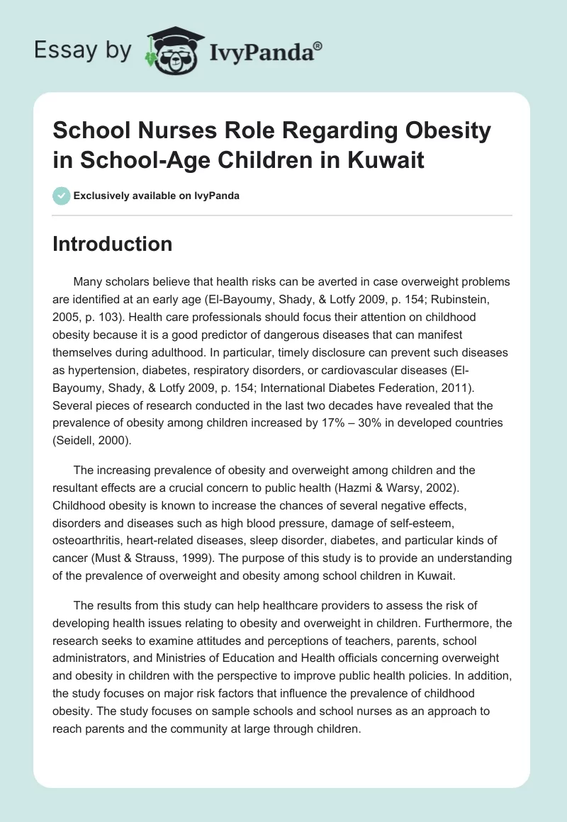 School Nurses Role Regarding Obesity in School-Age Children in Kuwait. Page 1