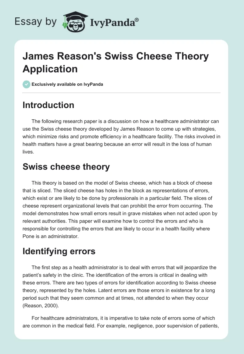 James Reason's Swiss Cheese Theory Application. Page 1