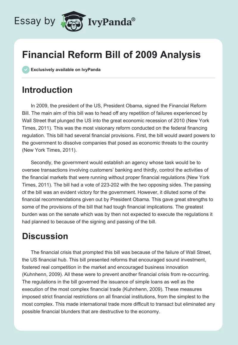Financial Reform Bill of 2009 Analysis. Page 1