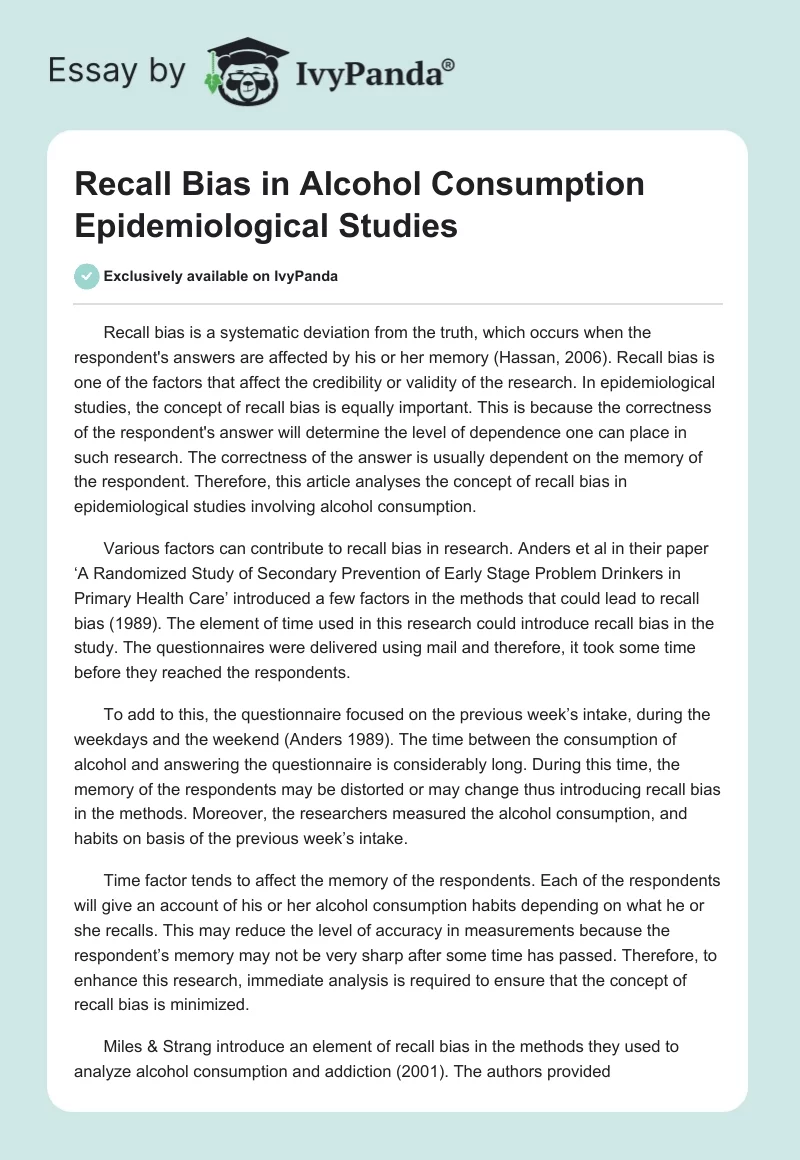 Recall Bias in Alcohol Consumption Epidemiological Studies. Page 1
