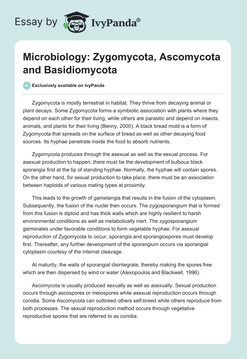 Microbiology: Zygomycota, Ascomycota and Basidiomycota. Page 1