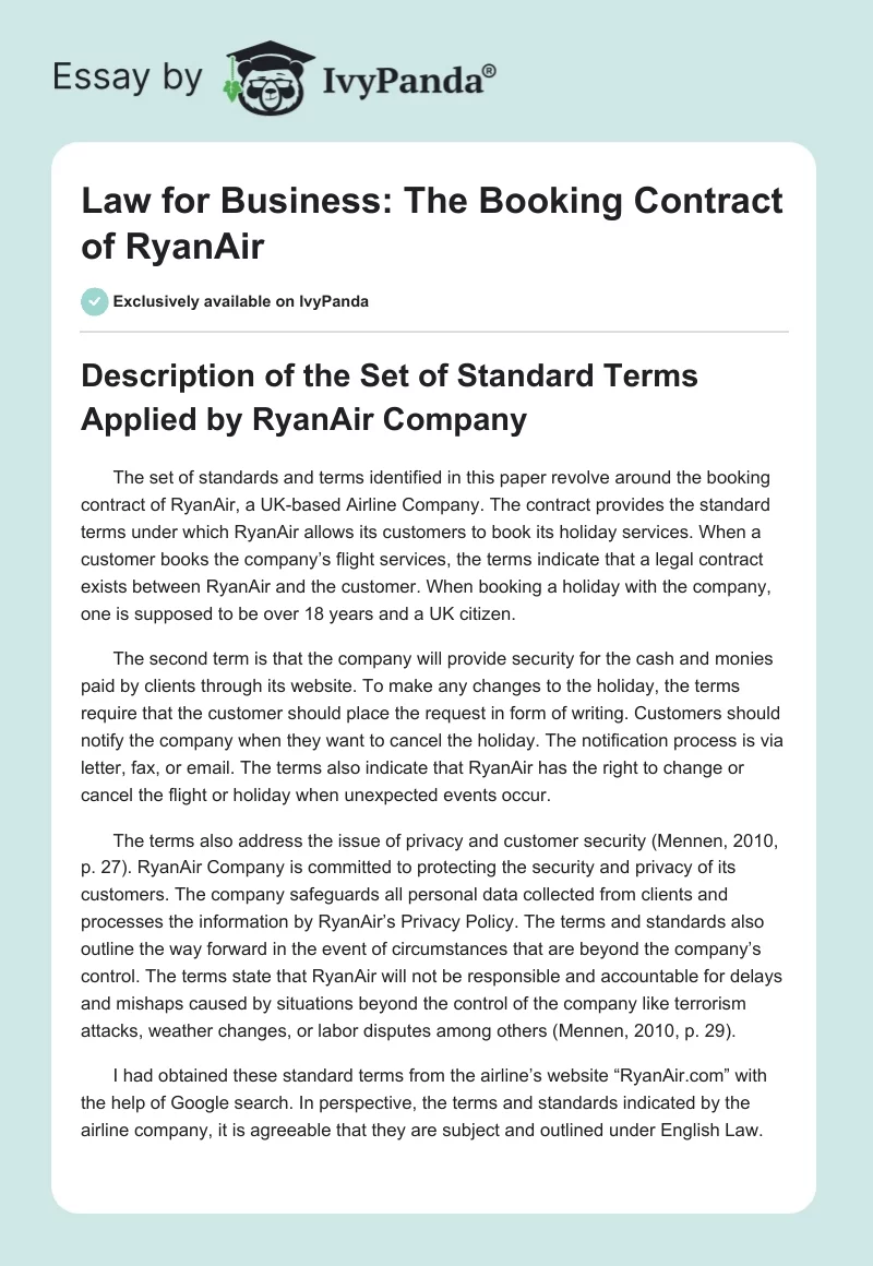 Law for Business: The Booking Contract of RyanAir. Page 1