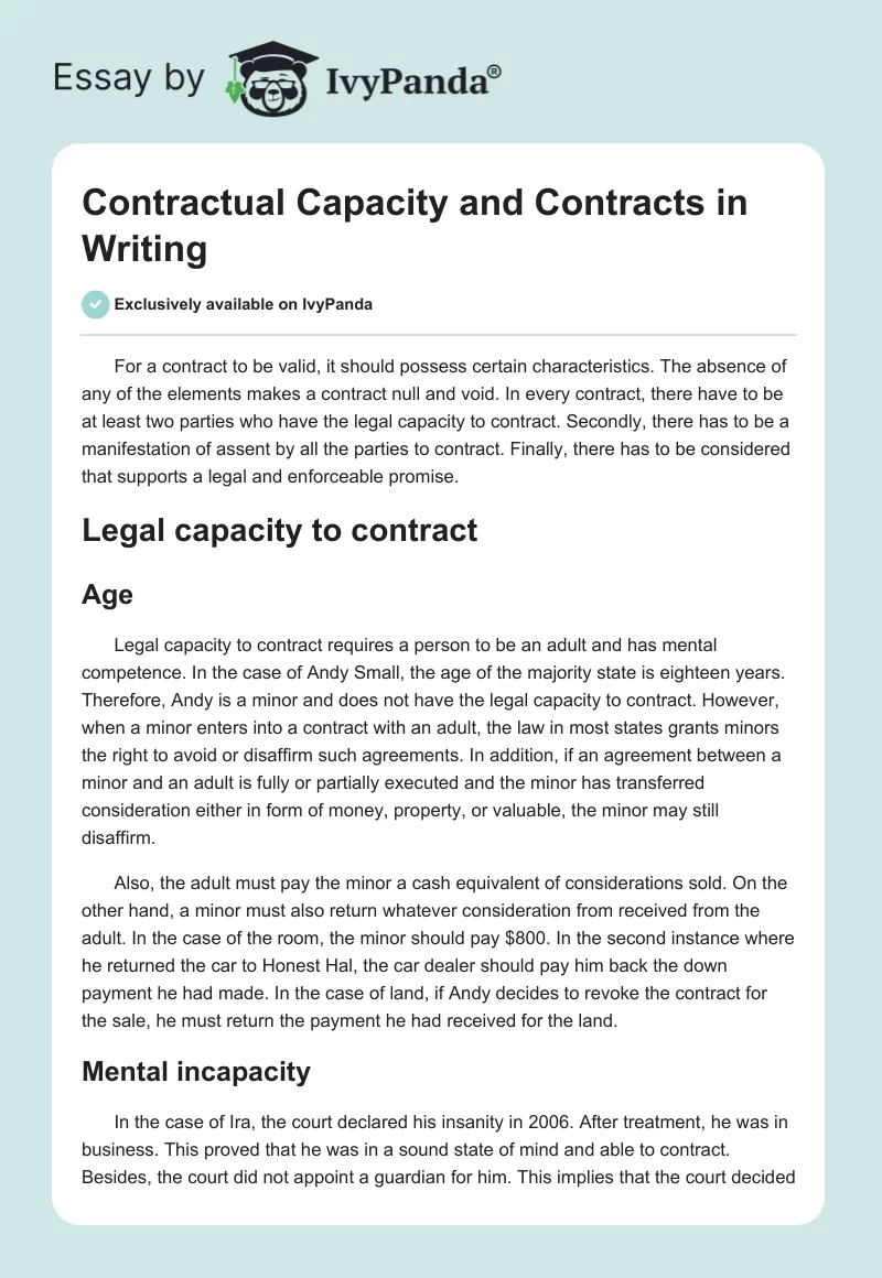 Contractual Capacity and Contracts in Writing. Page 1