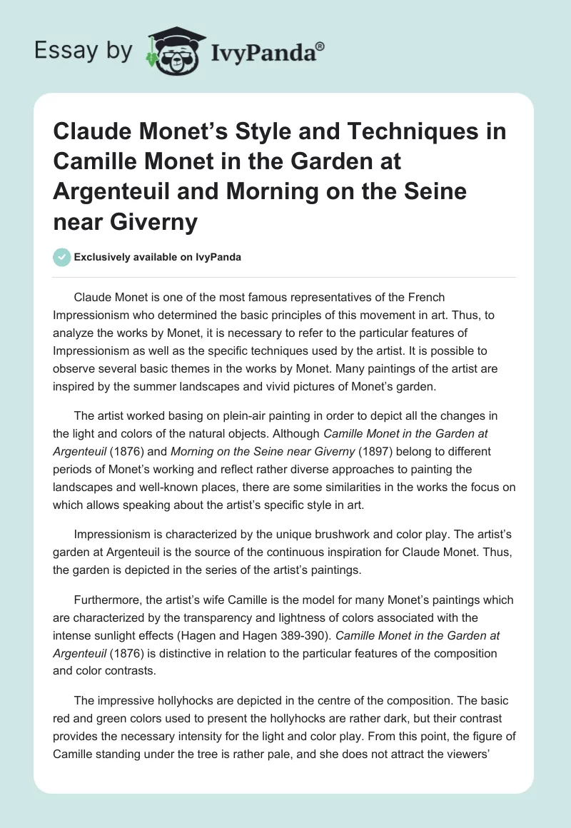 Claude Monet’s Style and Techniques in Camille Monet in the Garden at Argenteuil and Morning on the Seine near Giverny. Page 1