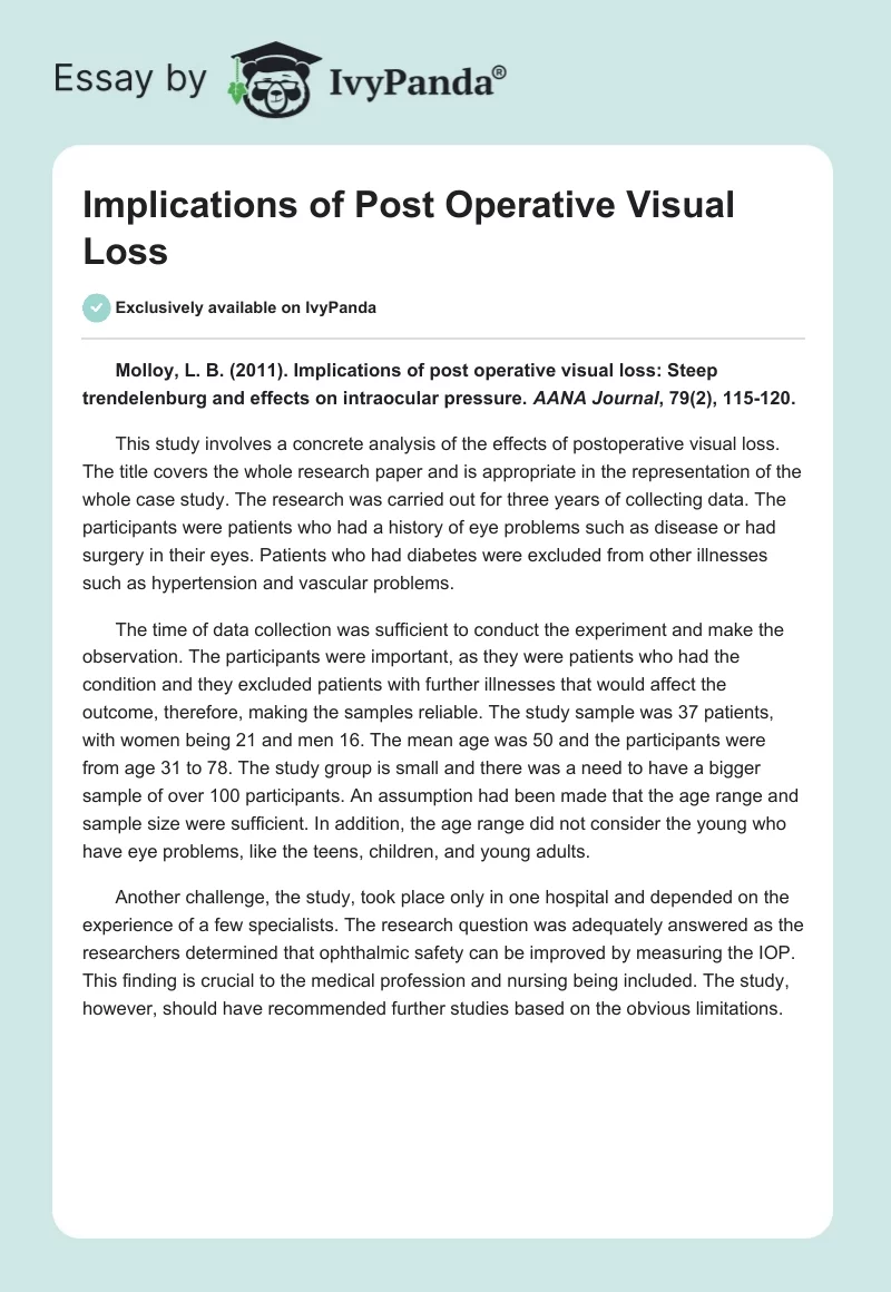 Implications of Post Operative Visual Loss. Page 1
