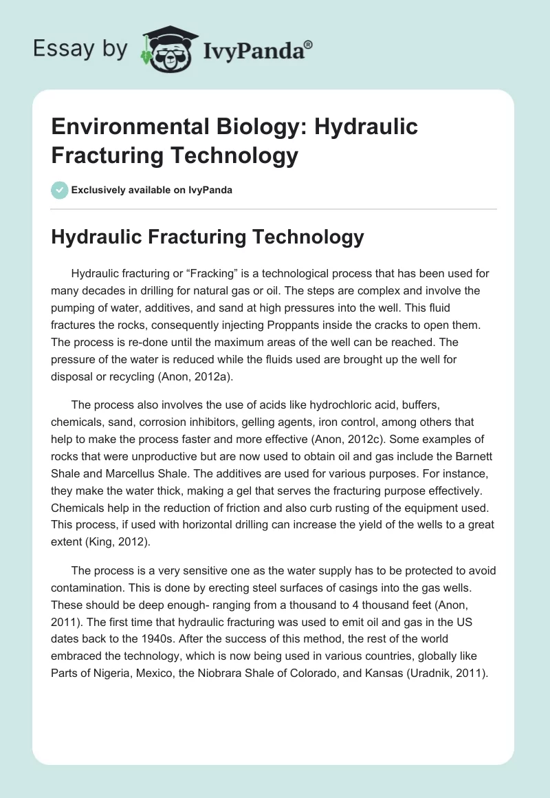 Environmental Biology: Hydraulic Fracturing Technology. Page 1