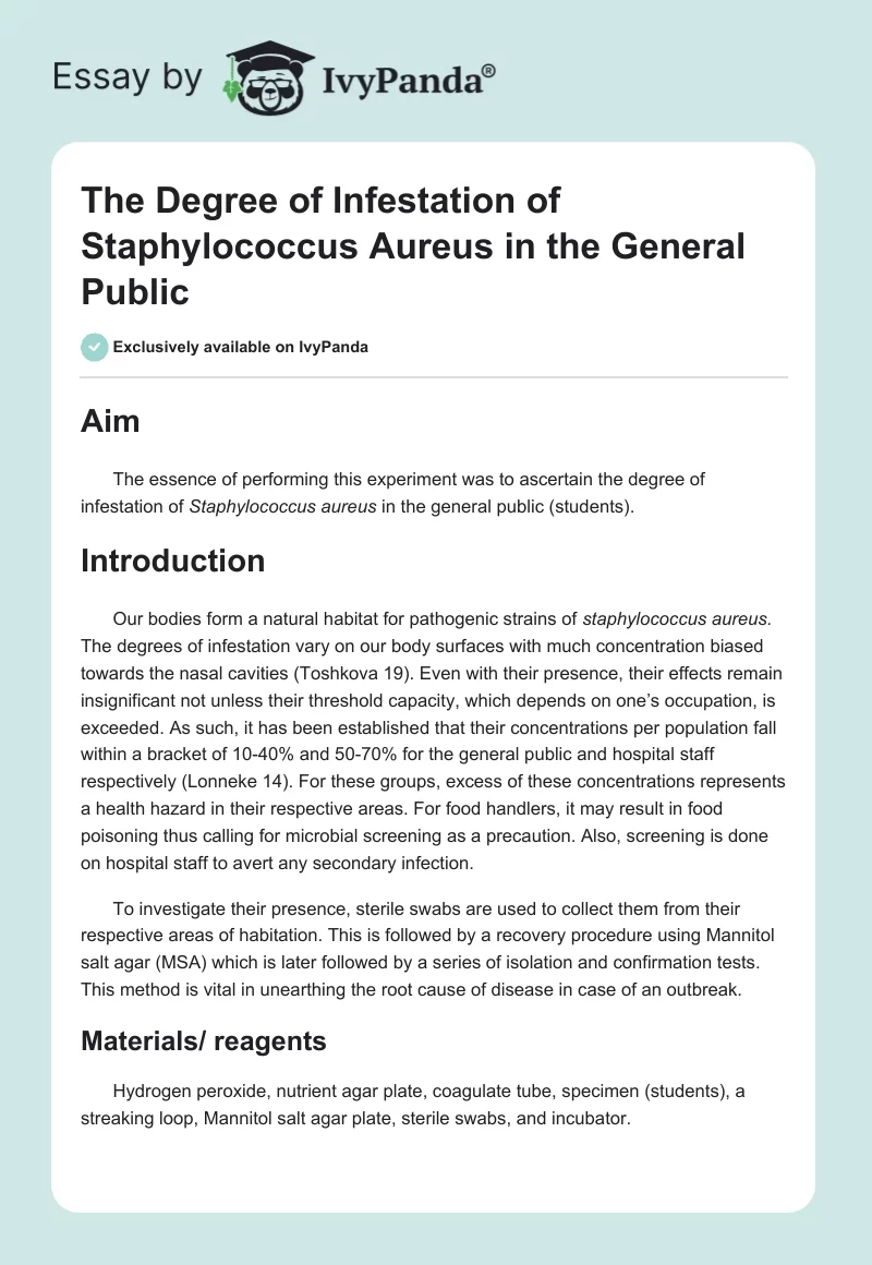 The Degree of Infestation of Staphylococcus Aureus in the General Public. Page 1