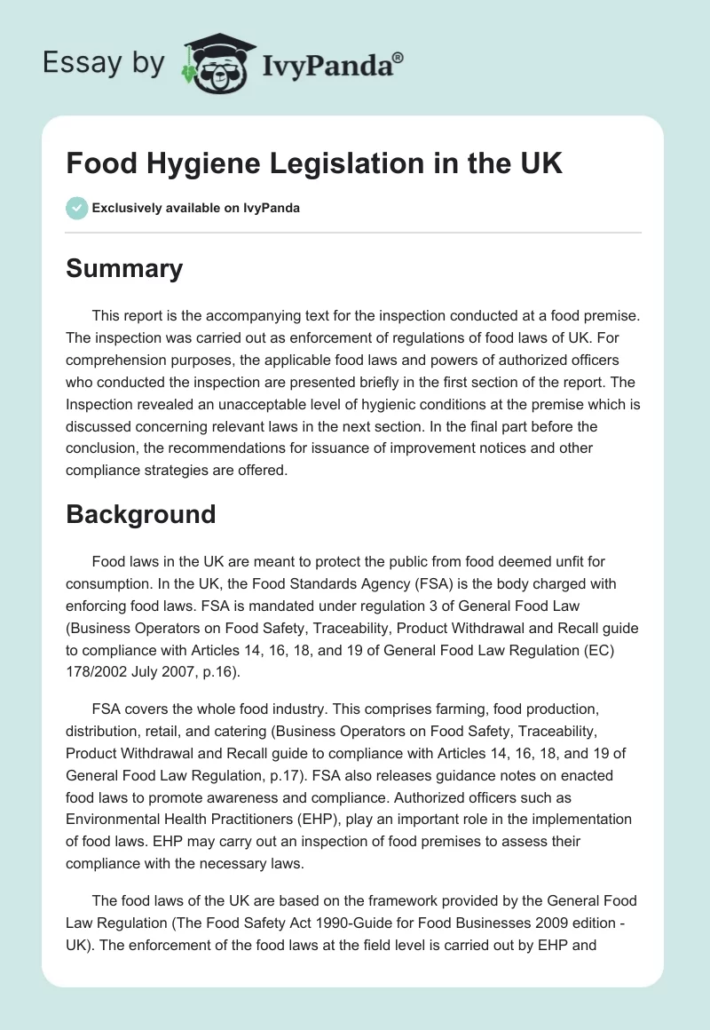 Food Hygiene Legislation in the UK. Page 1
