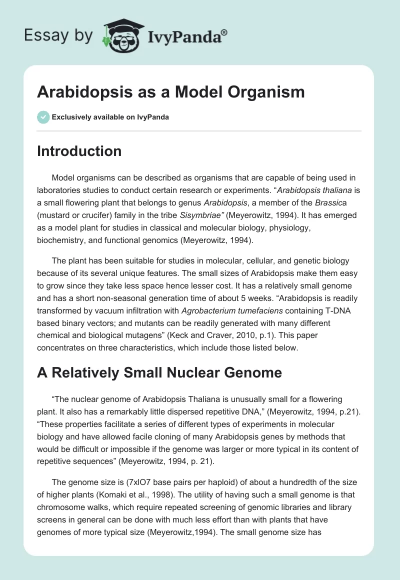 Arabidopsis as a Model Organism. Page 1