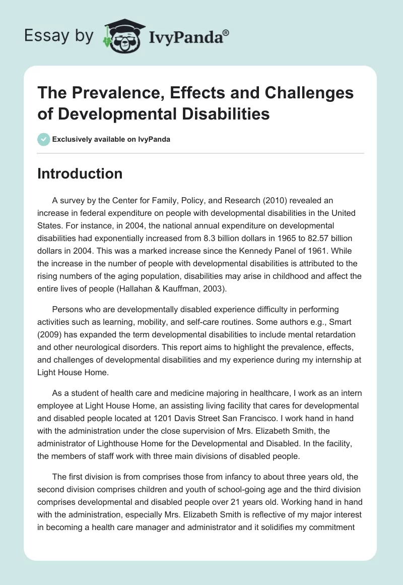 The Prevalence, Effects and Challenges of Developmental Disabilities. Page 1