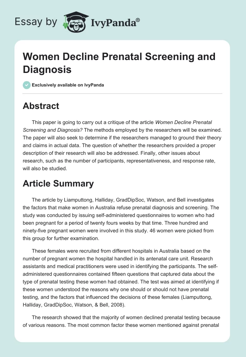 Women Decline Prenatal Screening and Diagnosis. Page 1