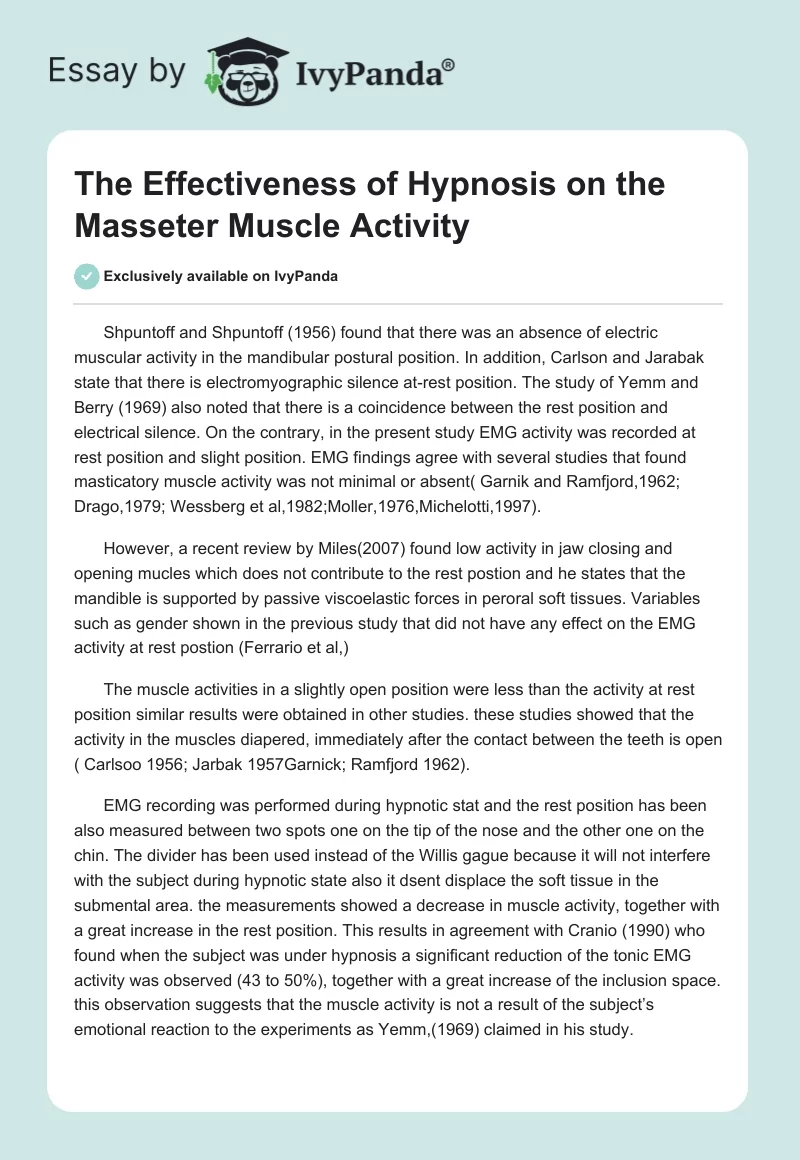 The Effectiveness of Hypnosis on the Masseter Muscle Activity. Page 1