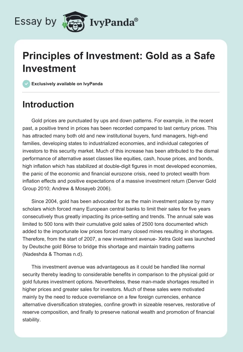 Principles of Investment: Gold as a Safe Investment. Page 1