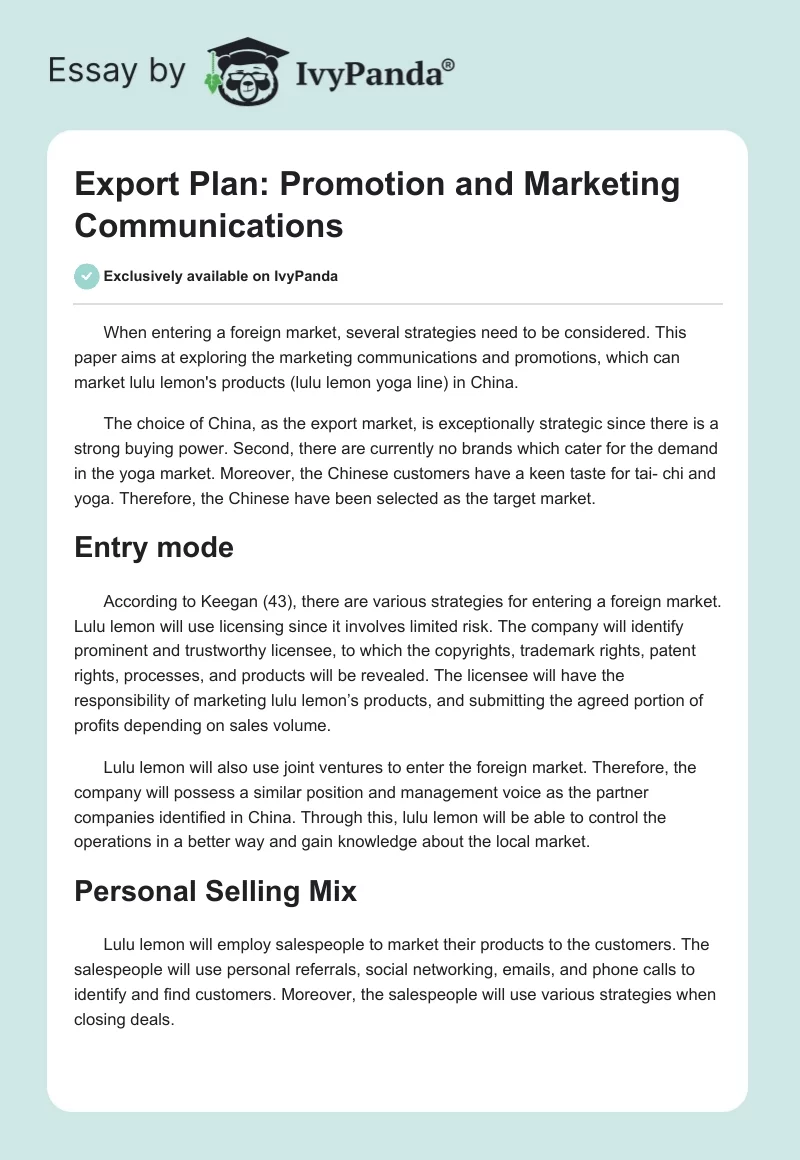Export Plan: Promotion and Marketing Communications. Page 1