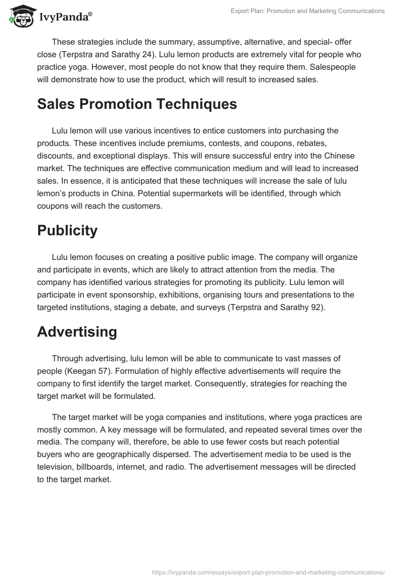 Export Plan: Promotion and Marketing Communications. Page 2