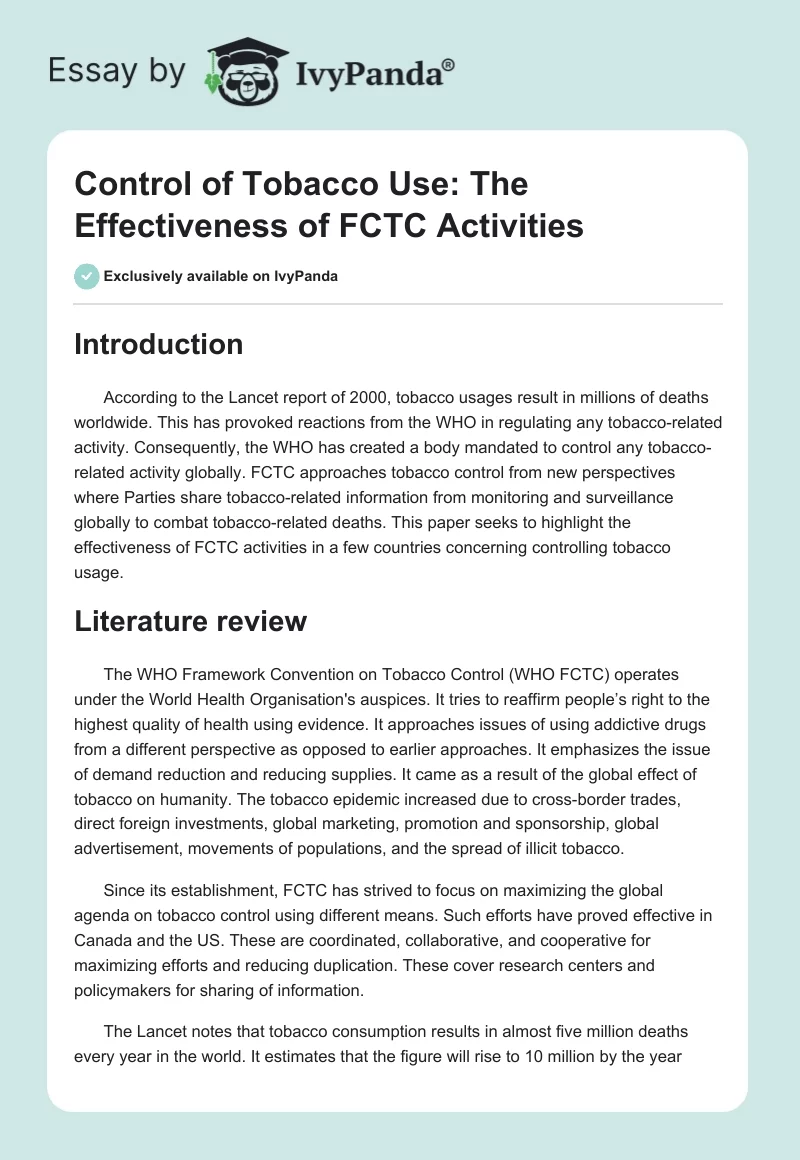 Control of Tobacco Use: The Effectiveness of FCTC Activities. Page 1