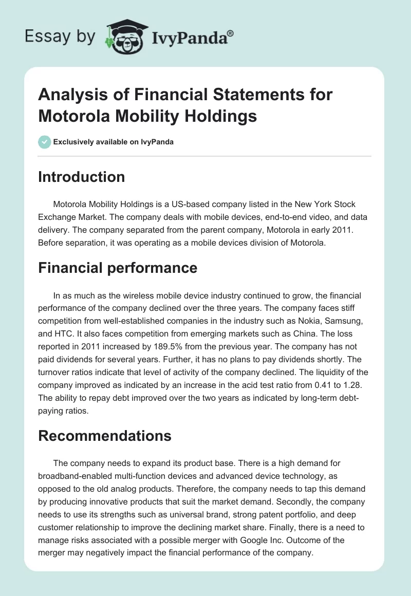 Analysis of Financial Statements for Motorola Mobility Holdings. Page 1