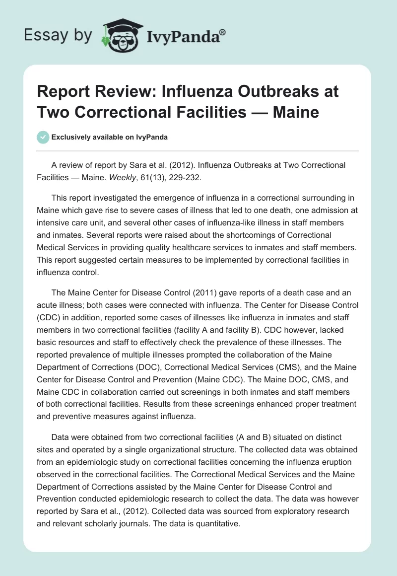 Report Review: Influenza Outbreaks at Two Correctional Facilities — Maine. Page 1