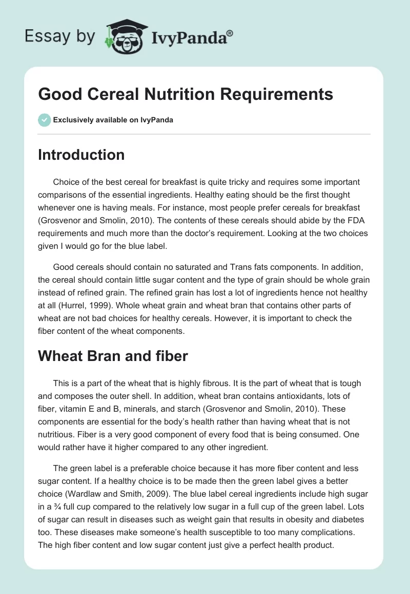 Good Cereal Nutrition Requirements. Page 1