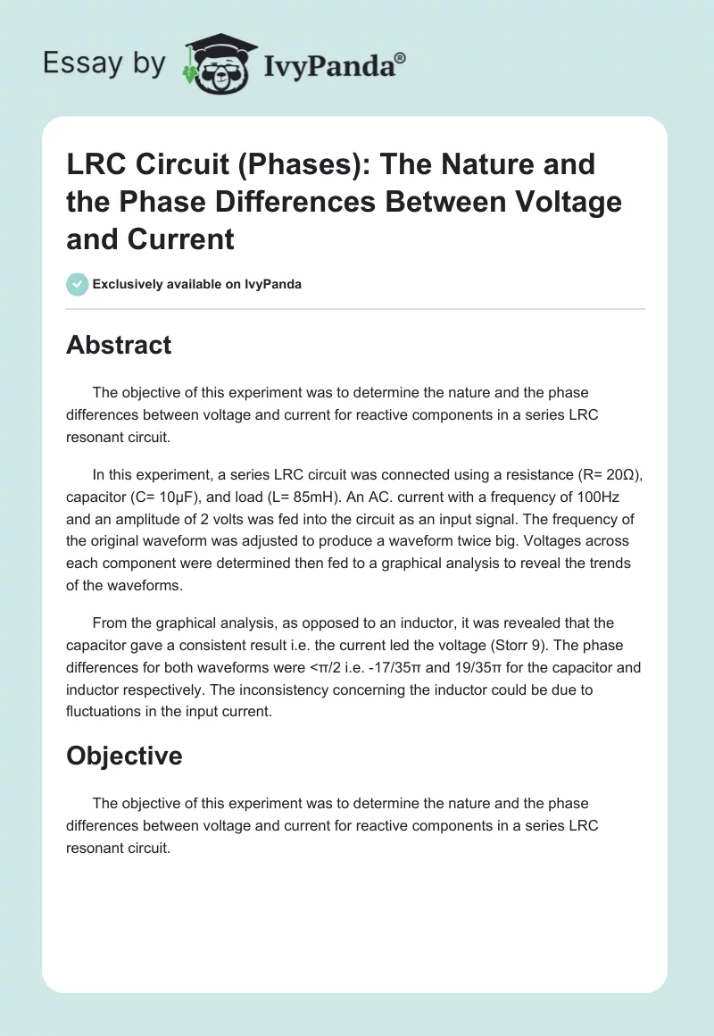 LRC Circuit (Phases): The Nature and the Phase Differences Between Voltage and Current. Page 1