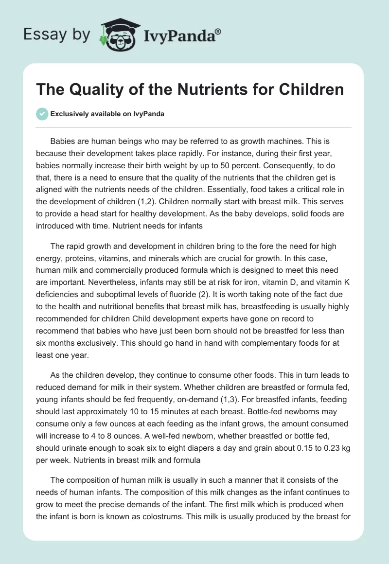 The Quality of the Nutrients for Children. Page 1