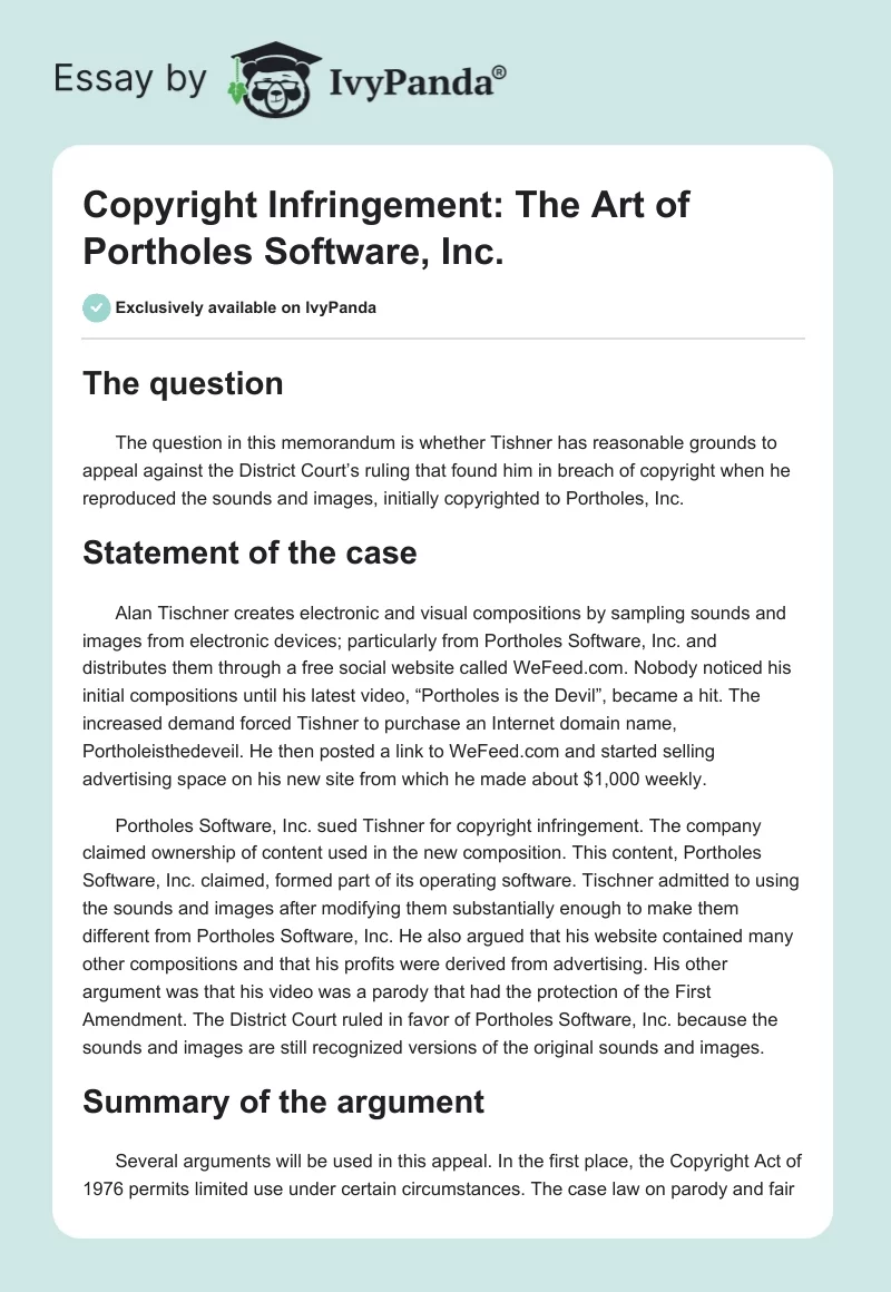 Copyright Infringement: The Art of Portholes Software, Inc.. Page 1