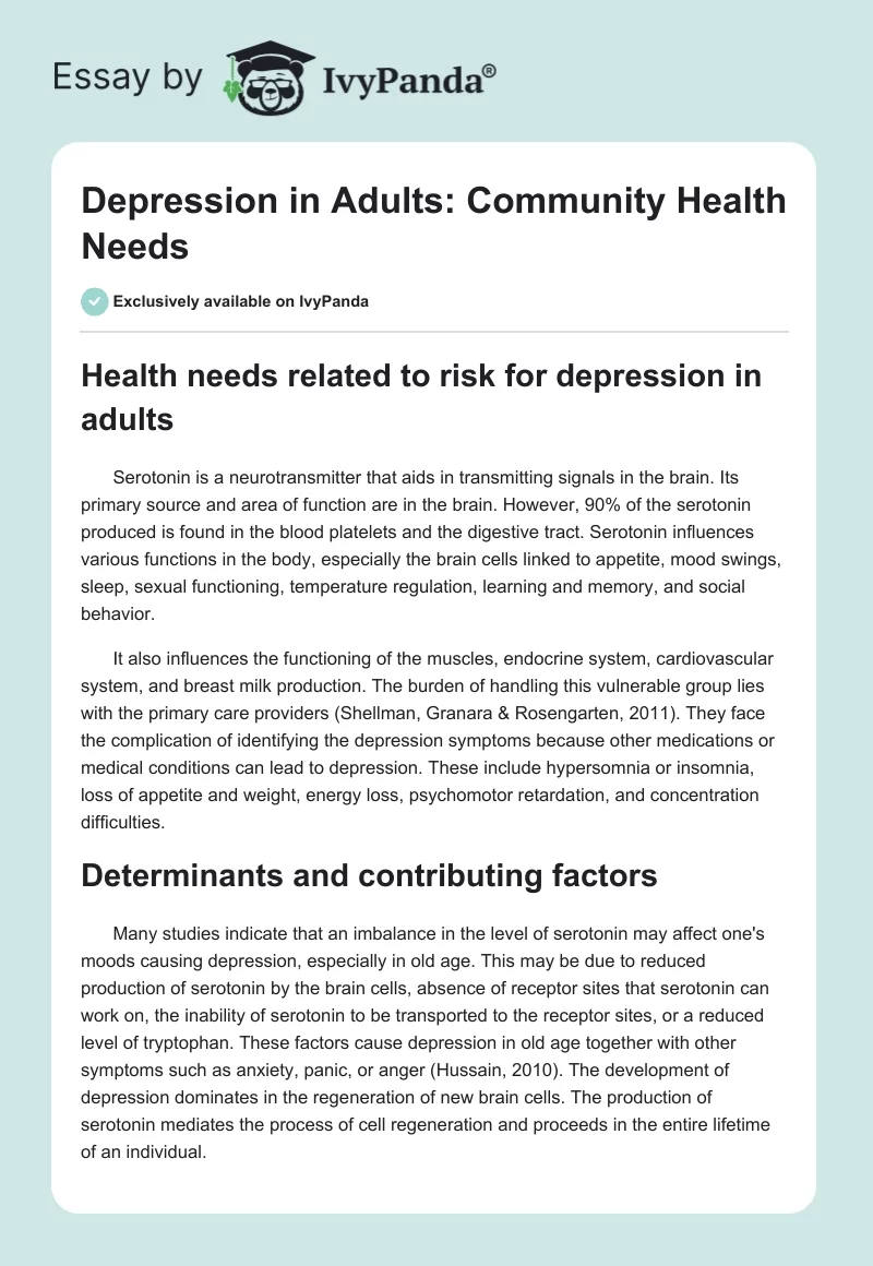 Depression in Adults: Community Health Needs. Page 1
