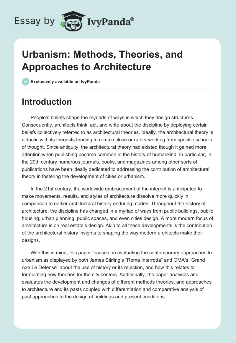 Urbanism: Methods, Theories, and Approaches to Architecture. Page 1