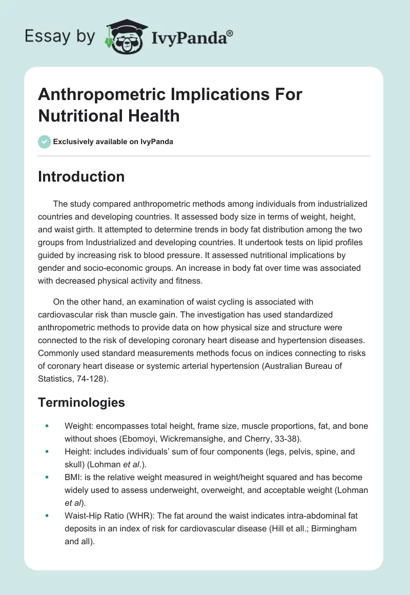 Anthropometric Implications For Nutritional Health. Page 1
