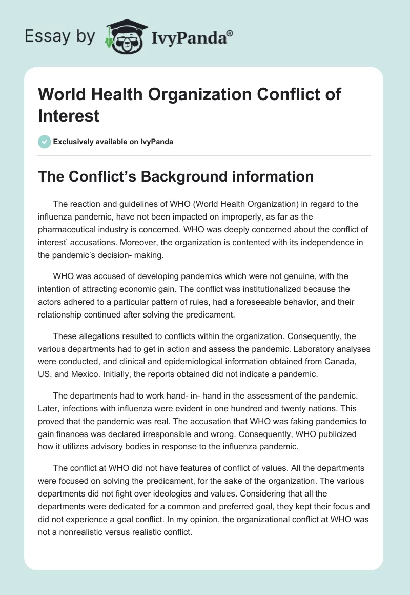 World Health Organization Conflict of Interest. Page 1