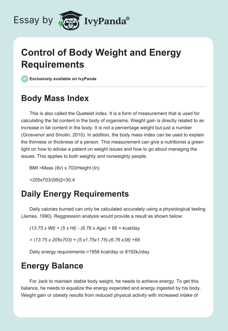 Control of Body Weight and Energy Requirements. Page 1