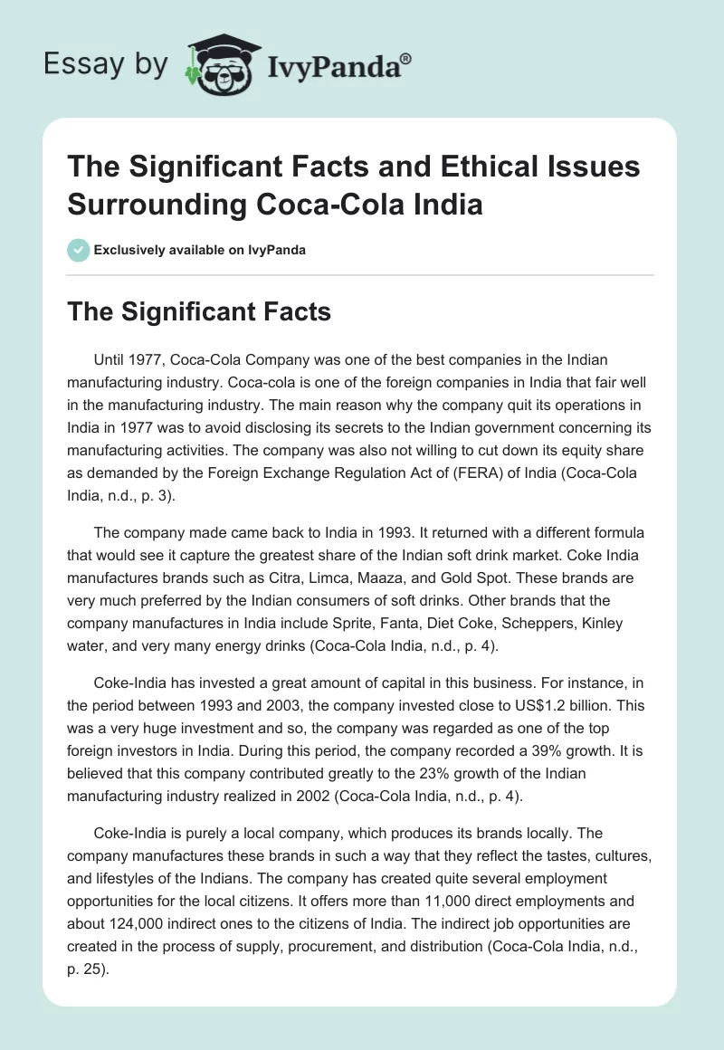 The Significant Facts and Ethical Issues Surrounding Coca-Cola India. Page 1