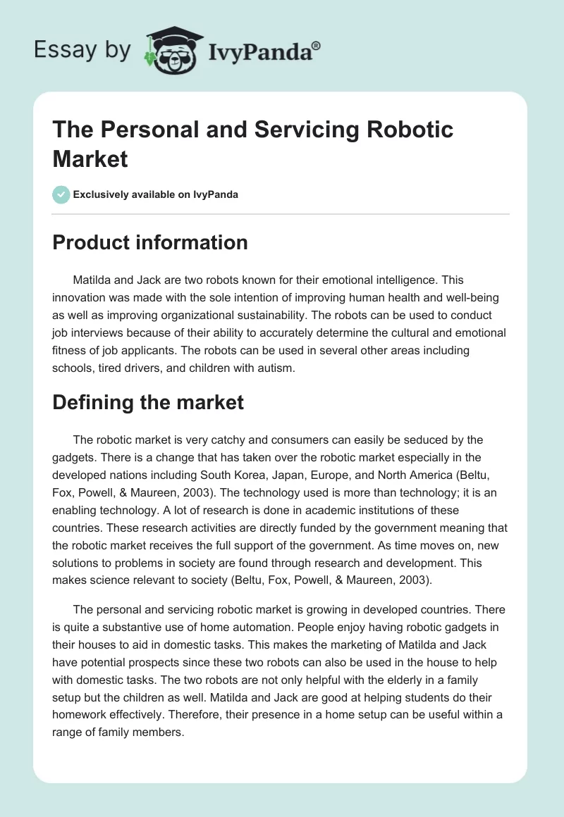 The Personal and Servicing Robotic Market. Page 1