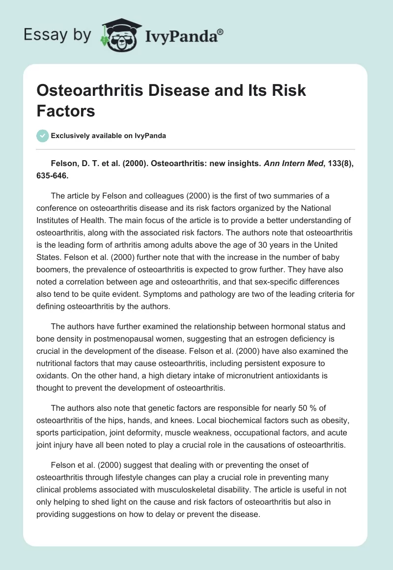 Osteoarthritis Disease and Its Risk Factors. Page 1