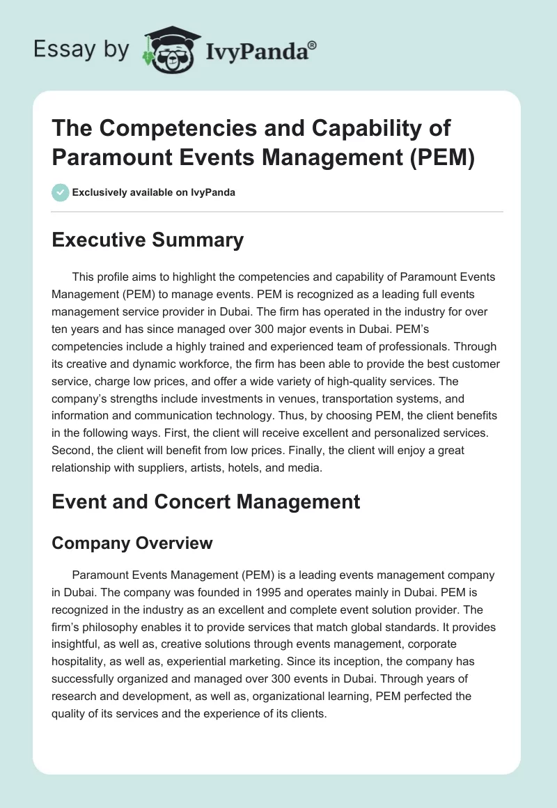 The Competencies and Capability of Paramount Events Management (PEM). Page 1