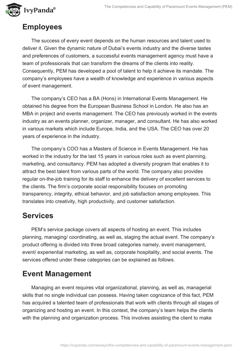 The Competencies and Capability of Paramount Events Management (PEM). Page 3