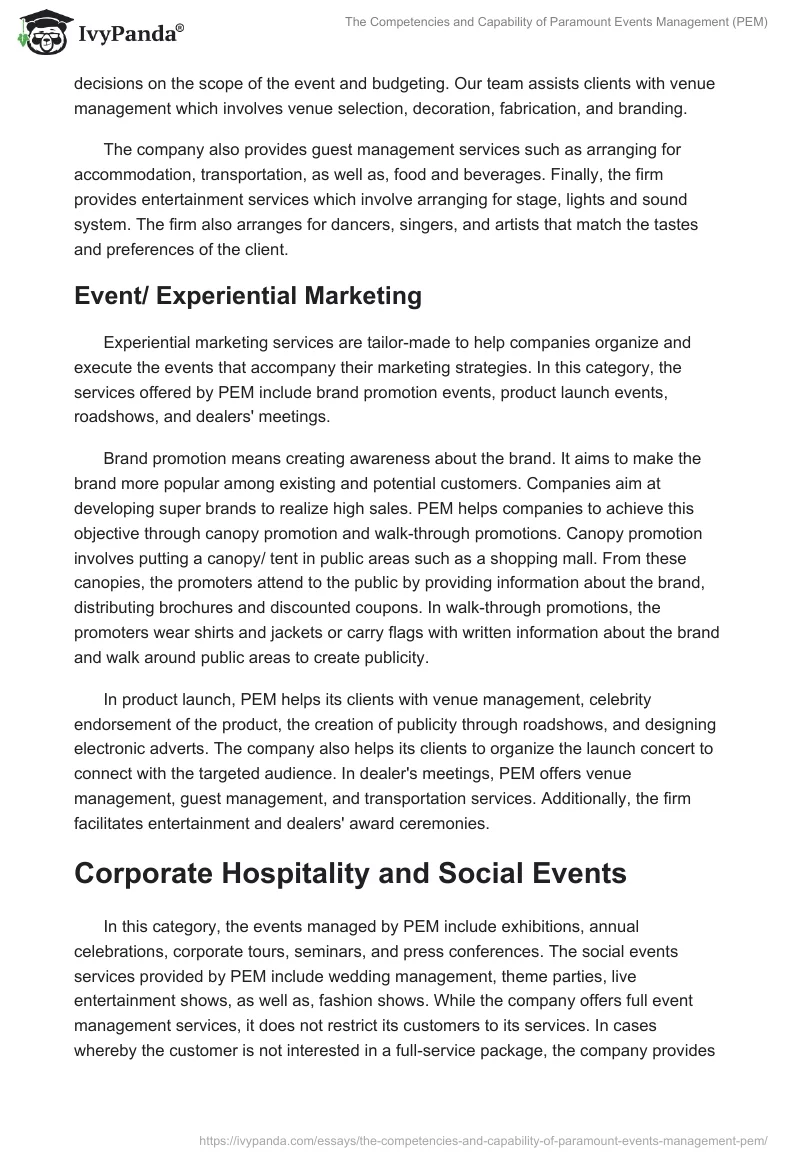 The Competencies and Capability of Paramount Events Management (PEM). Page 4
