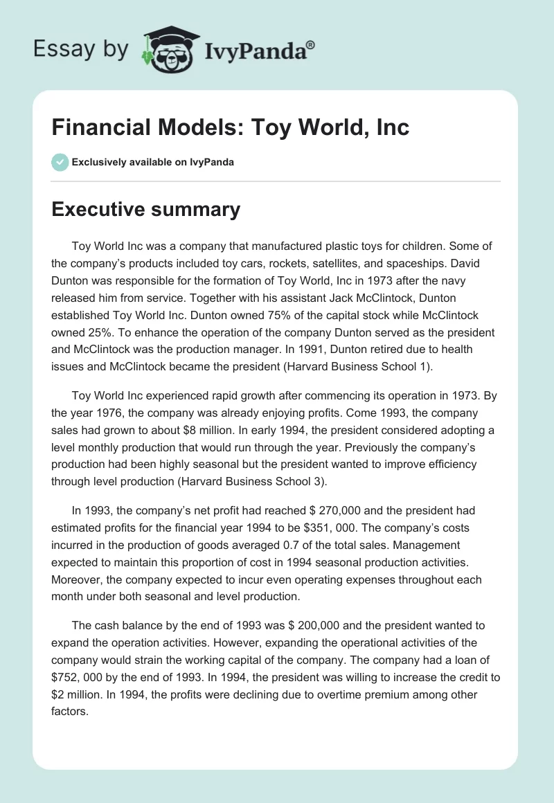 Financial Models: Toy World, Inc. Page 1