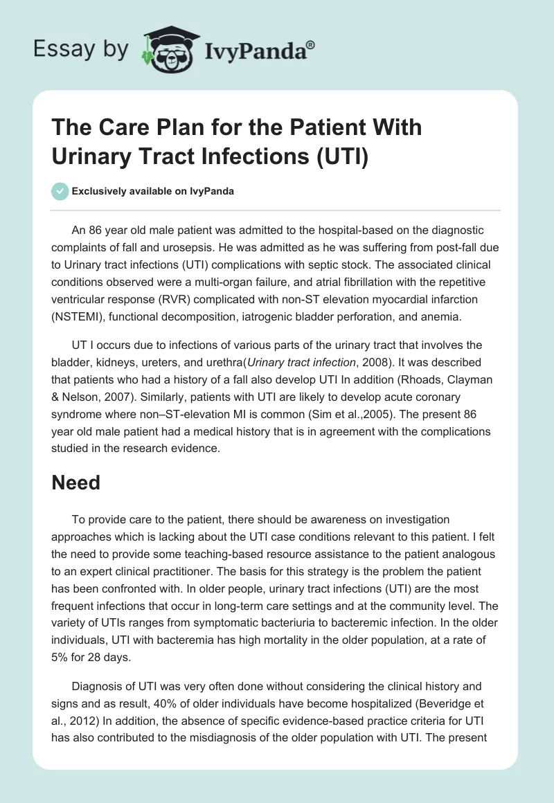 The Care Plan for the Patient With Urinary Tract Infections (UTI). Page 1