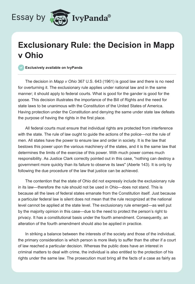 Exclusionary Rule: the Decision in Mapp v Ohio. Page 1